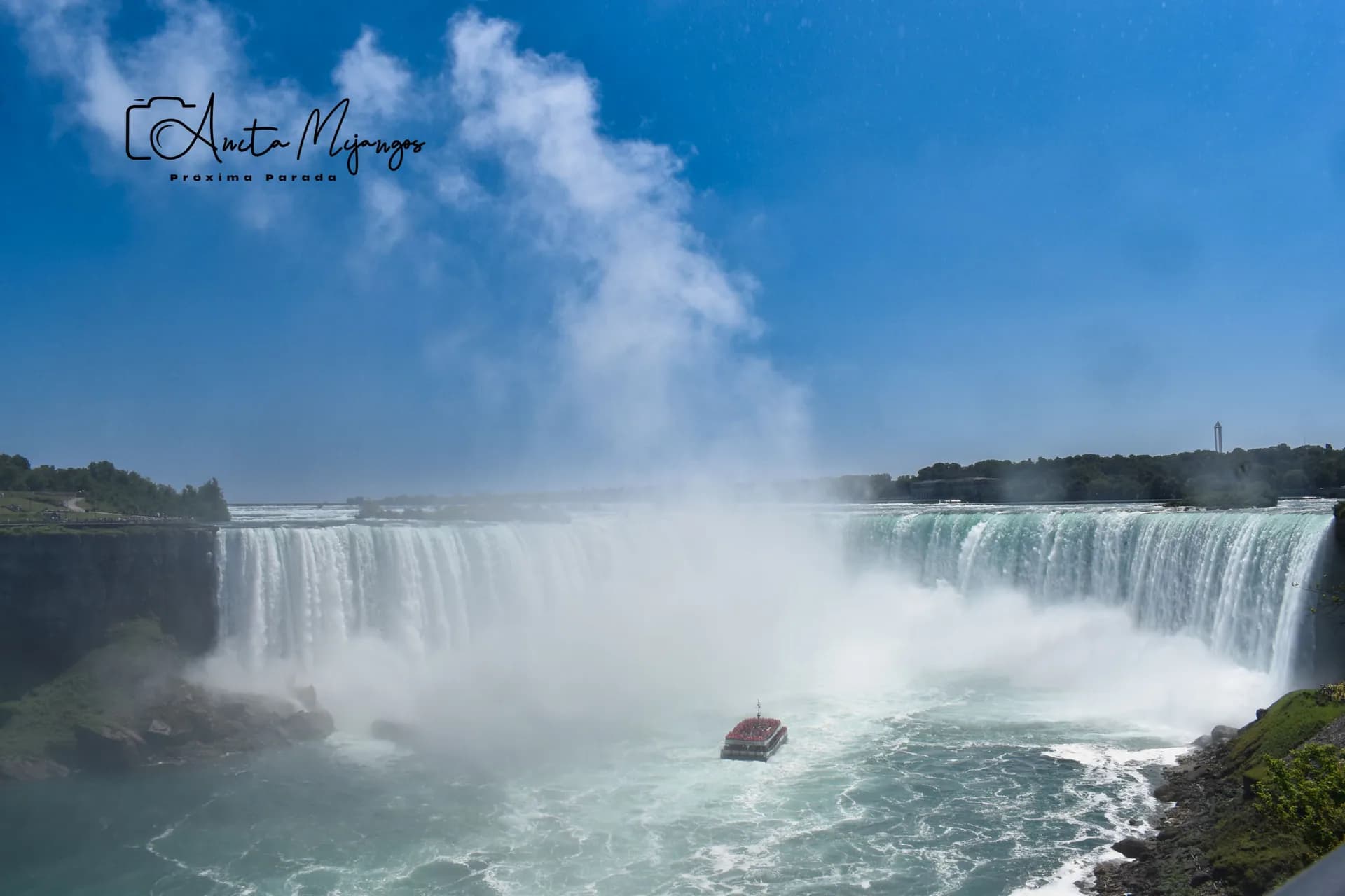 Vista amplia de Horseshoe Falls con una embarcación frente a la caída