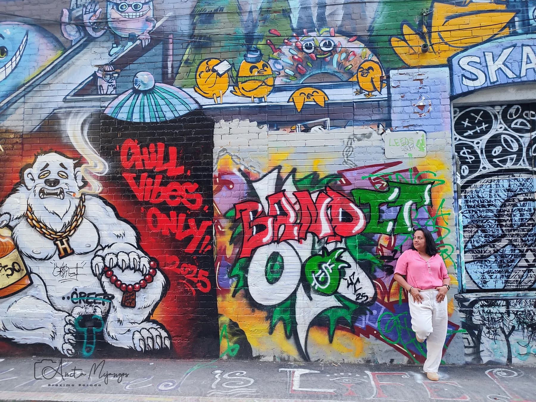 Anita Mijangos frente a murales de Graffiti Alley
