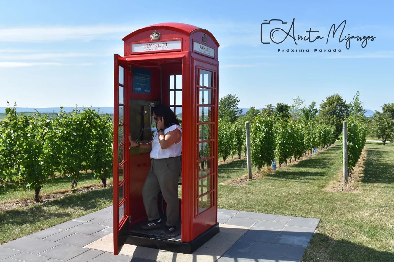 Anita junto a la cabina telefónica roja en el viñedo